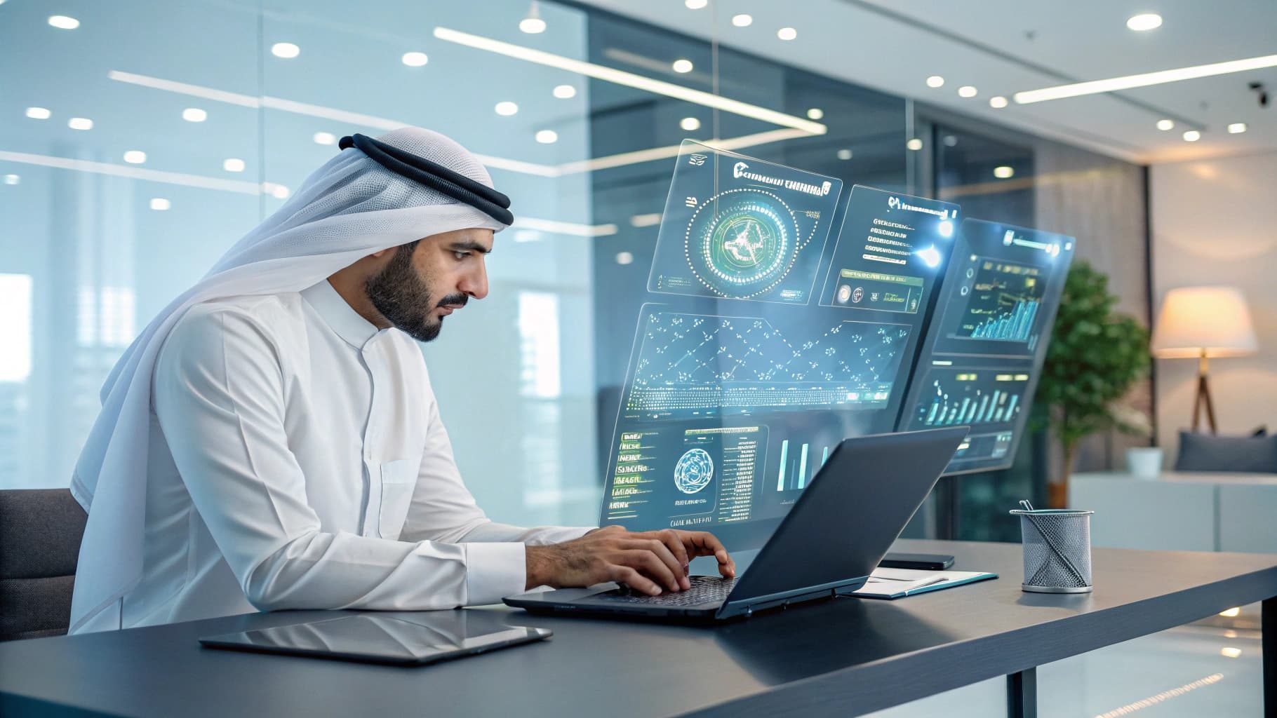 مستشار سعودي يستخدم تقنيات الذكاء الاصطناعي في مكتب حديث بالرياض